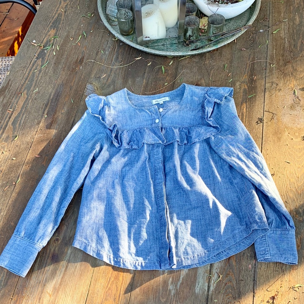Madewell Chambray Ruffle Yoke button up top shirt